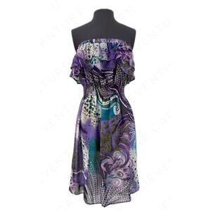 Ariella Purple Floral Printed Chiffon Dress Strapless Elasticized Stretchy Lined